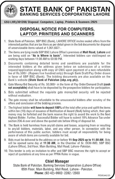 State Bank of Pakistan Lahore Tender Notice